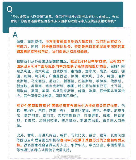 外交部 已有33个国家政府及4个国际组织向中方提供疫情防控医疗物资 